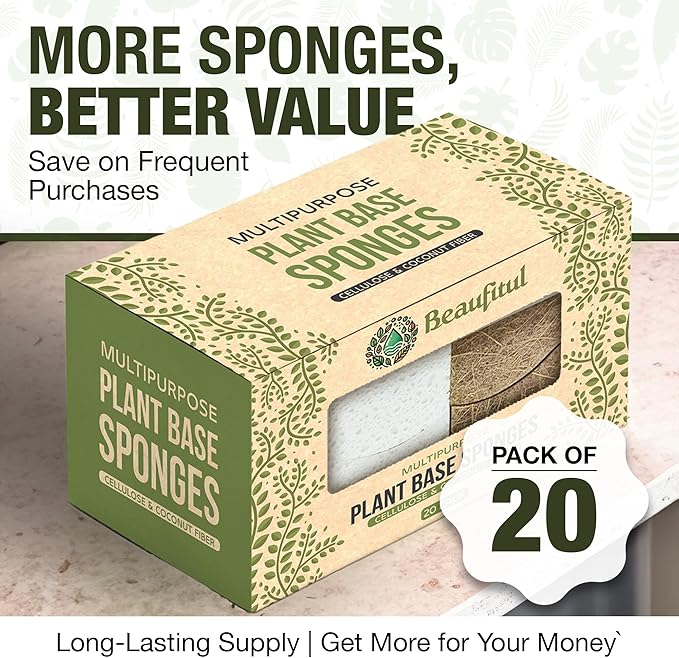 BEAUFITAL 20 Count Non-Scratch Natural Kitchen Sponge, Biodegradable Compostable Cellulose Coconut Scrubber, Eco Friendly Sponges for Dishes, Non-Stick Cookware, Bathroom, Heavy-Duty Cleaning