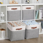 HNZIGE Foldable Storage Cubes Baskets Set(4 Pack) Fabric Bins for Shelves,13 Inch Storage Basket for Organizing with Leather Handles for Home, Toys, Clothes, Kids Room, Closet Storage(White&Gray)