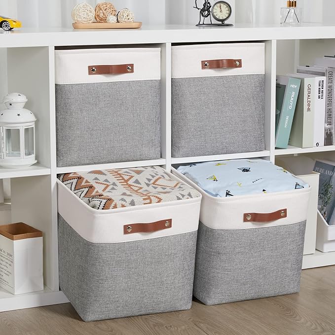HNZIGE Foldable Storage Cubes Baskets Set(4 Pack) Fabric Bins for Shelves,13 Inch Storage Basket for Organizing with Leather Handles for Home, Toys, Clothes, Kids Room, Closet Storage(White&Gray)