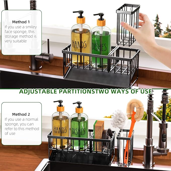 Cisily Dish Soap Dispenser, 16 fl Oz Dual Kitchen Soap Dispensers with Sponge Holder, Customized Stainless Steel Kitchen Soap Dispenser Set, Modern Hand and Dish Soap Bottle Set Removable