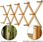 Dseap Accordian Wall Hanger: 16” High Wooden Wall Expandable Coat Rack, Hat Rack Holder, Accordion Hook for Baseball Caps, Coats, Mugs, 14 Peg Hooks, Natural