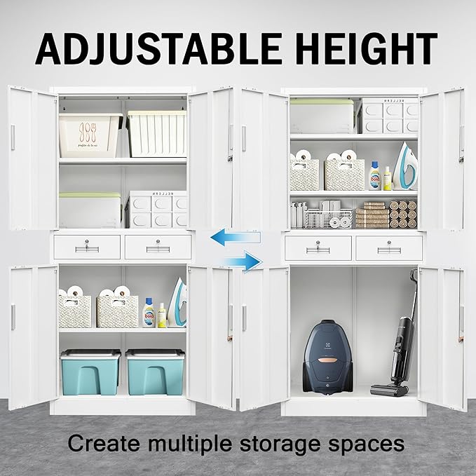 Metal Storage Cabinet with 2 Drawers 71" H,White Metal Garage Cabinets with 2 Lockable Doors and Adjustable Shelves Easy to Assemble for Home Office, Kitchen,Pantry,Garage,Warehouse