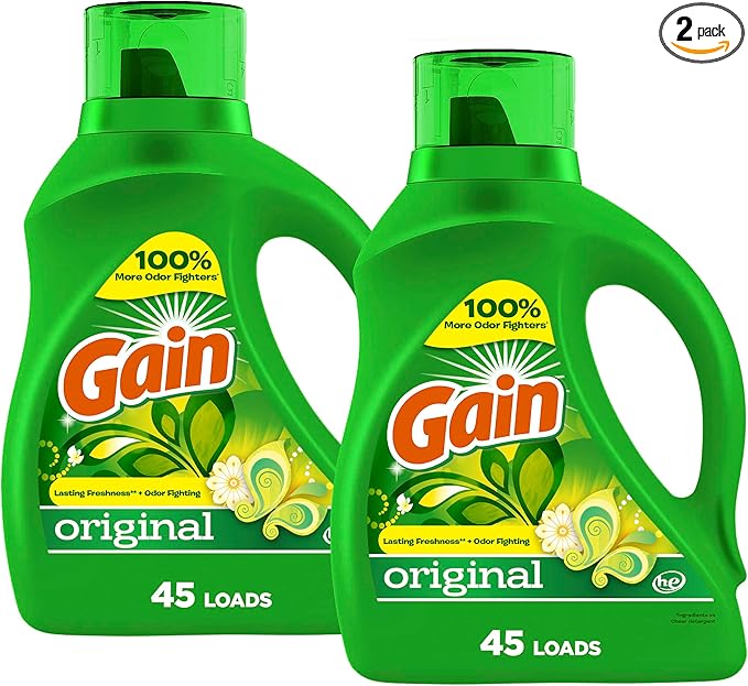 Gain Liquid Laundry Detergent, Original Scent, 65 fl oz x 2, 45 x 2 loads, Freshness + Odor Fighting, High efficiency washing machine iquid cleaning soap