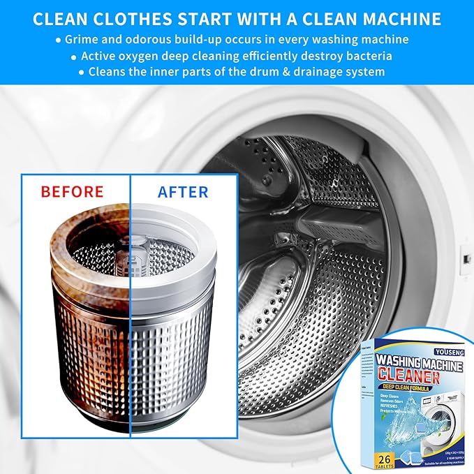 Washing Machine Cleaner Descaler 26 Pack-Deep Cleaning Tablets for HE Front Loader & Top Load Washer, Septic Safe，Deodorization and descaling-1 Plus Year Supply