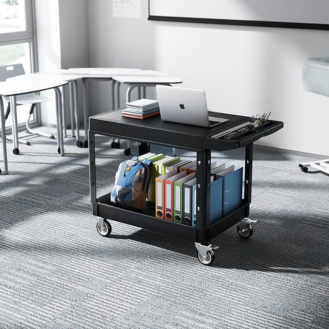 VEVOR Utility Cart, 550 lbs Load Capacity, 37 x 25.4-inch Service Cart, Two-Shelf Heavy Duty Plastic Utility Cart with 360° Swivel Wheels (2 with Brakes), Suitable for Warehouse, Garage, Cleaning