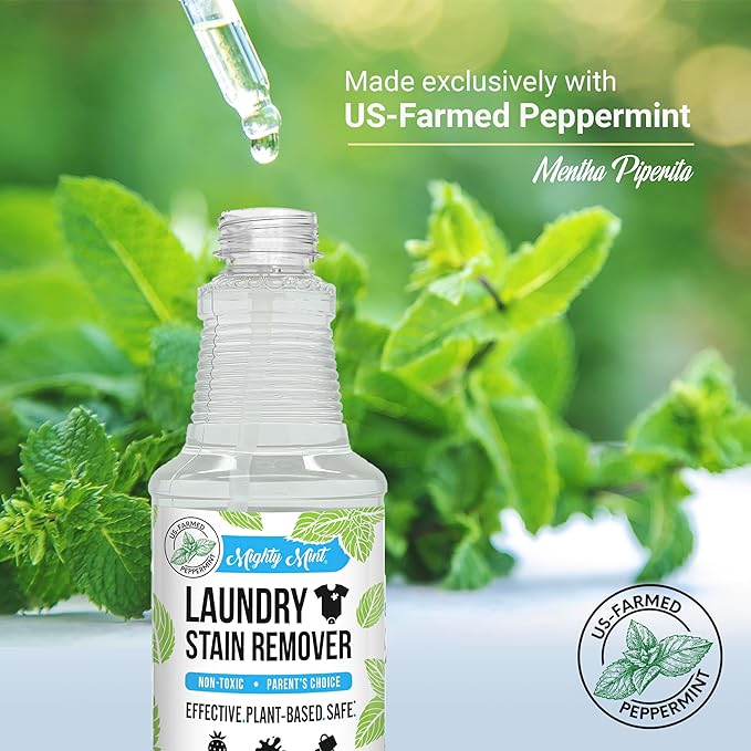 Mighty Mint Laundry Stain Remover, Parent’s Choice Spray for Stains from Food, Drink, Grease, Natural Peppermint Scent, 16oz