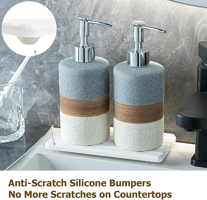 Ceramic Soap Dispenser Set(2 Pack) – Hand Soap, Dish Soap, Shampoo & Shower Soap Dispenser for Bathroom & Kitchen, Stainless Steel Pump, Includes Silicone Funnel & Diatomaceous Tray, Gray