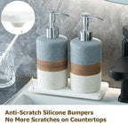 Ceramic Soap Dispenser Set(2 Pack) – Hand Soap, Dish Soap, Shampoo & Shower Soap Dispenser for Bathroom & Kitchen, Stainless Steel Pump, Includes Silicone Funnel & Diatomaceous Tray, Gray