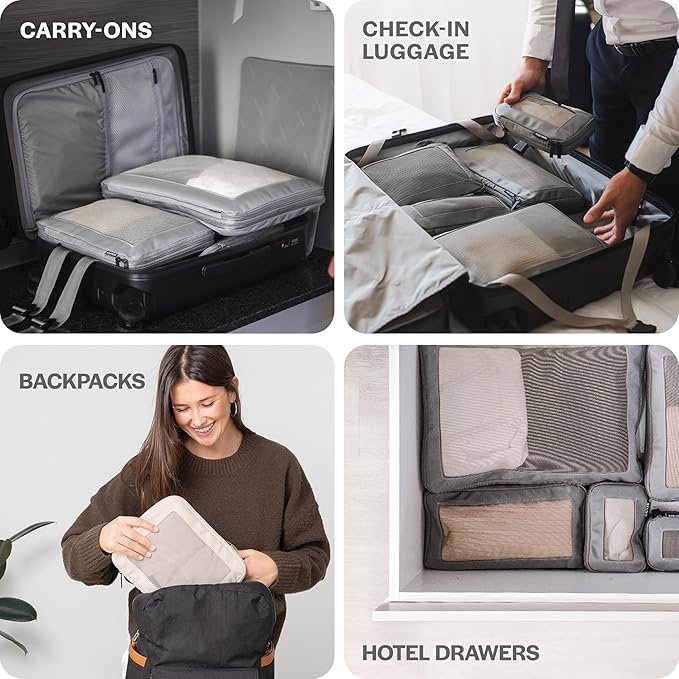 Compression Packing Cubes for Travel - Luggage Organizer Bags - Double Zipper Packing Cubes for Suitcases (6-Pack, Mocha)