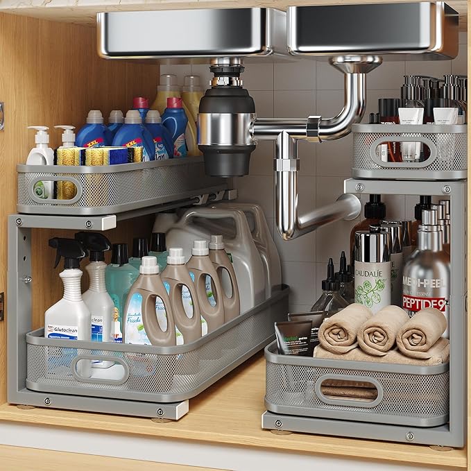 2 Pack 19.3IN-Depth Under Sink Organizer with Smooth Cylindrical Rail,2-Tier Pull Out Multi-Purpose Cabinet Storage for Bathroom&Kitchen,Height Adjustable,Rust-Resistant Coating-Gun Gray