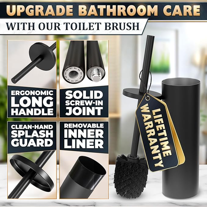 Black Toilet Brush and Holder Set - Scratch Resistant Black Toilet Bowl Brush and Holder with Soft Bristles Replaceable Head, Protection from Splashes, and Compact Design - for Effective Cleaning