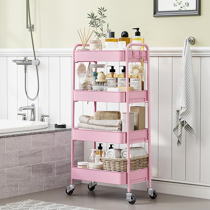 TOOLF 4-Tier Metal Rolling Cart with Wheels, Storage Utility Organizer Cart for Kitchen, Bathroom, Office, Baby Essentials & Makeup - Lockable Casters, Easy Assembly, 132 lbs Capacity, Pink