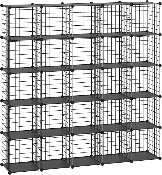 HUBSON Wire Cube Storage Organizer, Book/Toy/Craft/Potted Plants and petCloset Organizers and Storage Shelves, 25-Cube Freely Combinable Metal Grids Storage Shelf,Black Plus Iron