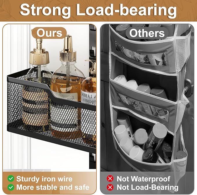 Adjustable Over The Door Organizer, Metal Hanging Door Storage with 4 Metal Baskets and PVC Pocket, Closet Door Organizer for Bathroom Bedroom Cabinet, Black