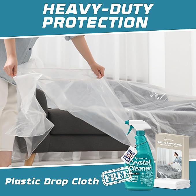 Crystal Chandelier Cleaner Spray Kit & Plastic Drop Cloth for Protection (32 oz) Drips Dry - No Spotting No Residue No Streaking Crystal Glass Spray Antique Chandeliers, All-Purpose Spray Cleaning Kit
