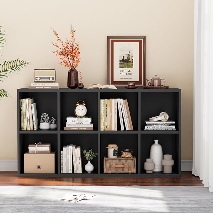 YESHOMY 8 Black Cube Bookcase, Open Frame 2-Tier Book Shelf, Bookshelf Storage Organizer with Adjustable Shelves for Organization, Room Decor