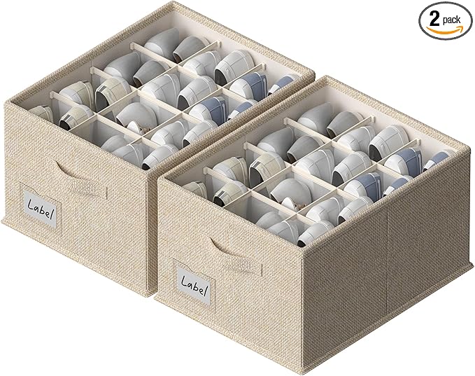 FHSQX 2 Pack Shoe Organizer for Closet,Fits up to 24 Pairs,Fabric Shoe Storage Bins,Large Shoe Box Storage Containers with Bottom Support for Shoes (Beige, (16.5 * 12.6 * 9.5) x1)