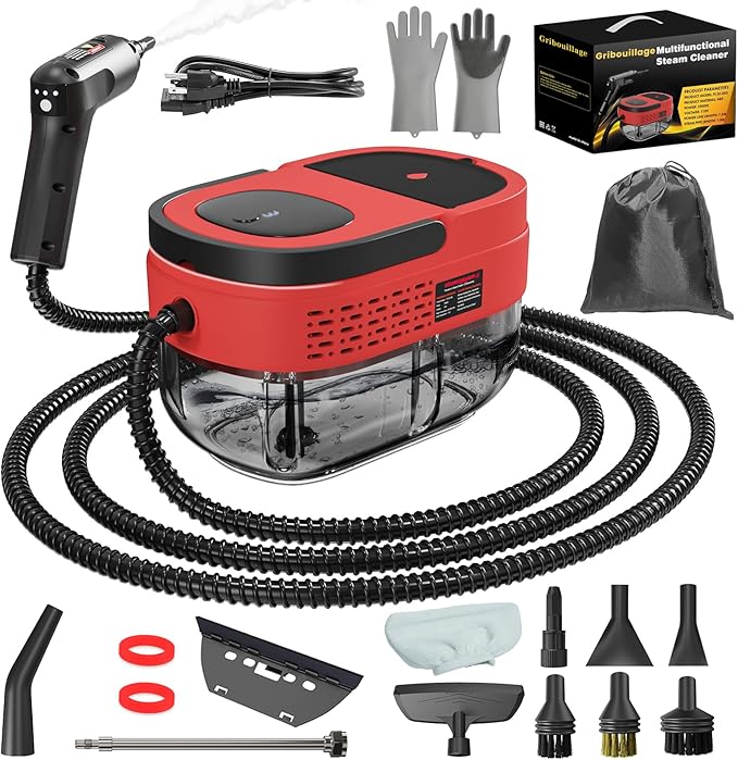 Handheld Steam Cleaner for Home, 2500W High Temperature Pressurized Machine, 1.6L Water Tank, Handle-controlled Steam Output, Portable Cleaning Steamer for Car, Bed Bugs, Furniture, Grout (Red)