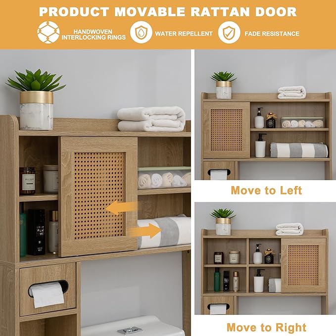 6Tier Over The Toilet Storage Cabinet, Freestanding Above Toilet Space Saver Rack w/Adjustable Shelves, Sliding Door, Multifunctional Over Toilet Organizer for Bathroom (Burlywood)