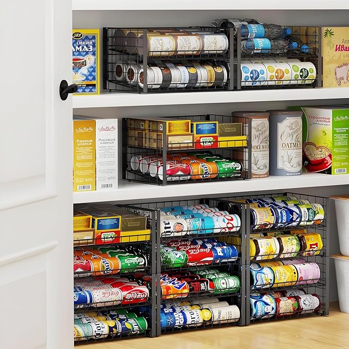 JKsmart 2-Tier Stackable Can Rack Organizer for Pantry, Adjustable Can Dispenser Holds Up to 62 Cans, Can Storage Holder for Various Ounces of Canned Food Soda Drinks, Black, 2 Pack (Petent Pending)