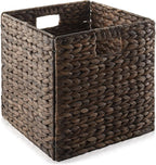 Casafield 12" x 12" Water Hyacinth Storage Baskets, Espresso - Set of 4 Collapsible Cube Organizers, Woven Bins for Bathroom, Bedroom, Laundry, Pantry, Shelves