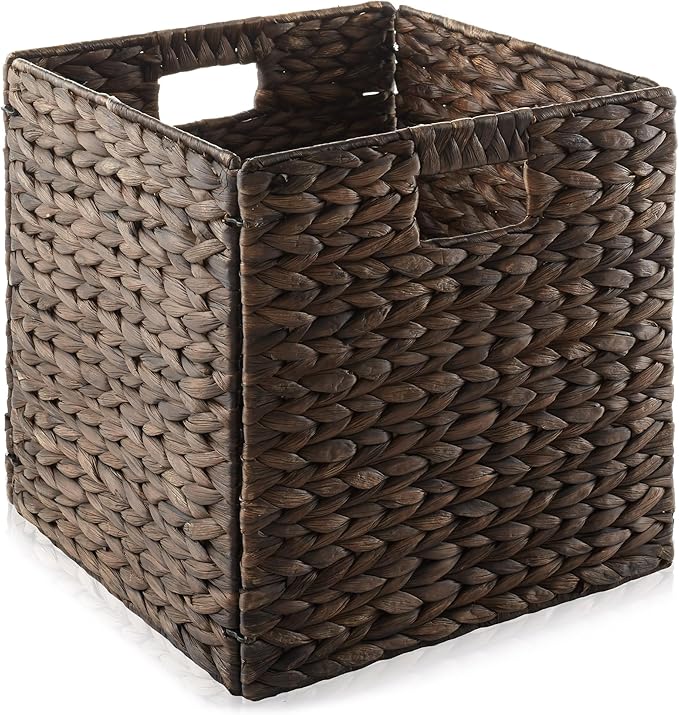 Casafield 12" x 12" Water Hyacinth Storage Baskets, Espresso - Set of 6 Collapsible Cube Organizers, Woven Bins for Bathroom, Bedroom, Laundry, Pantry, Shelves