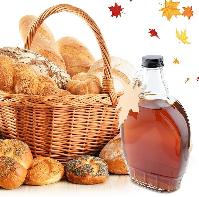 12 oz Maple Syrup Bottles with Loop Handle Black Aluminum Lids and Cotton Twines, Clear Glass Bottles with Maple Tag, Maple Syrup Jars Container Sample Bottles for Gift Juice Milk Sauce Storage (6)