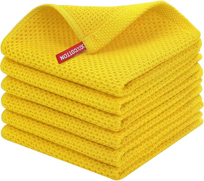 Homaxy 100% Cotton Waffle Weave Kitchen Dish Cloths, Ultra Soft Absorbent Quick Drying Dish Towels, 12 x 12 Inches, 6-Pack, Yellow