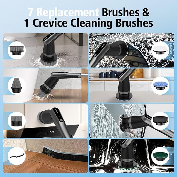 G2-Pro Electric Spin Scrubber - Upgraded 12-in-1 scrubber brush electric, Retractable Handle & 2-Speed for Bathroom, Bathtub, Kitchen, Tile Floors（White/Gray Brush Head）