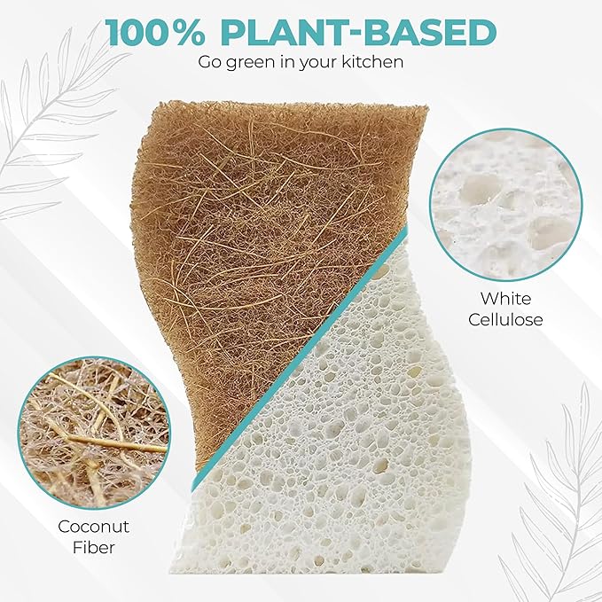 Plant Based Natural Sponge - Pack of 12 Cellulose Sponges, Safe on Non-Stick Cookware, Dual Sided Dish Sponge for Washing Dishes, Kitchen and Household