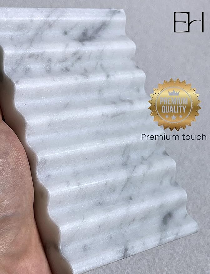 Marble Soap Dish - Soap Dish for Shower, Shower Bar Soap Holder, Real Marble Bathroom Tray, Decorative Stone Soap Dish with Drainage (Calacatta White, Round Wave)