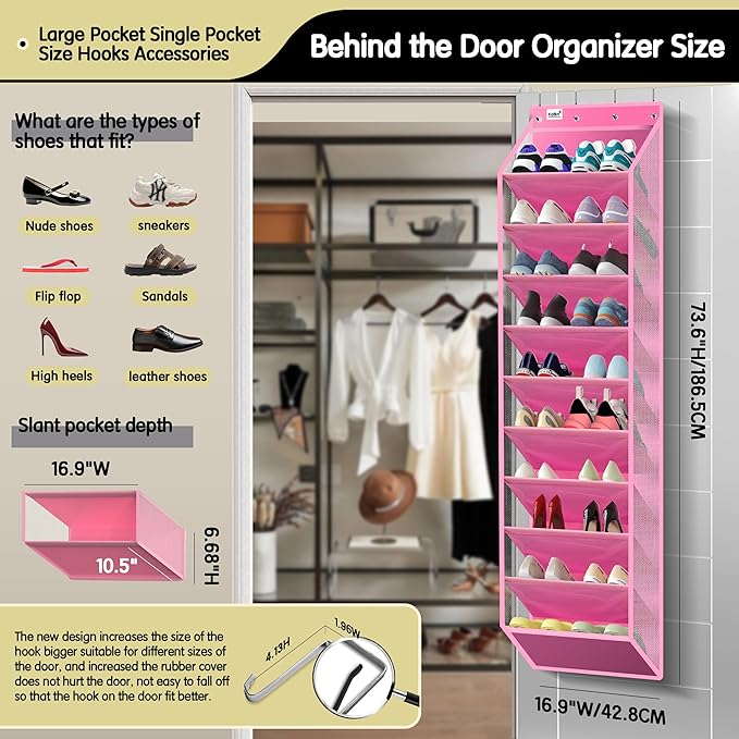 10 Tier Hanging Shoe Rack - Heavy Duty Behind The Door Hanging Shoe Rack, Sturdy Oxford Cloth, 20+ Pairs Over The Door Shoe Cabinet for Boots and Sneakers - Save 50% Closet Space! (Pink)