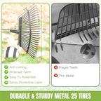 JOYHALO 65 Inch Rake for Leaves, 25 Tines Metal Leaf Rake Set with 32 Gallon Leaf Bags Scoops, Garden Rakes 18in Wide, Rakes for Gardening Lawns Yard Outdoor Camping Shrub Grass Bush