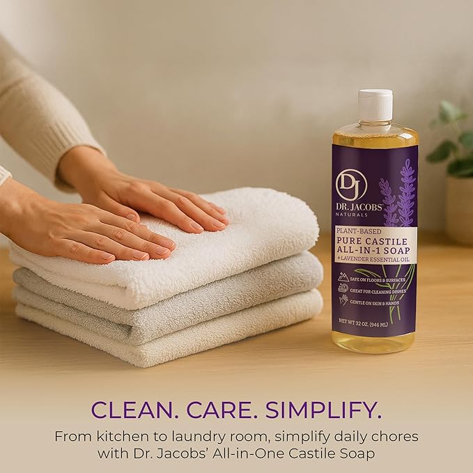 Dr. Jacobs Naturals Lavender Castile All-in-One Cleaner and Soap - Plant-Based Formula for House Cleaning Floors and Appliances - Gentle on Skin and the Planet - 32 oz, 1 Pack