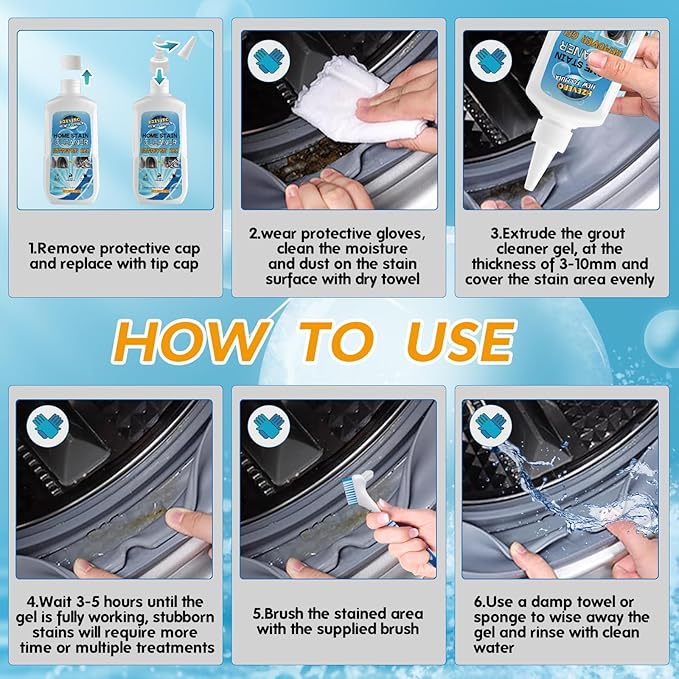 Mold Stain Remover Gel, Washing Machine Gasket Cleaner for Front Loader Washer Rubber Seal Home Stain Removal Gel for Grout, Caulk, Refrigerator, Shower, Bathtub, Bathroom Cleaning Solution (10 Fl Oz)