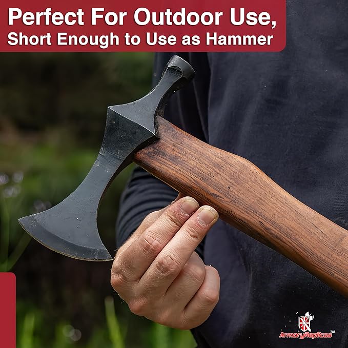 Armory Replicas™ Hand-Forged Viking Battle Axe with Hammer - Rustic Iron Steel Blade, 19.34” Wood Handle, Functional Throwing Axe for Re-enactments, Camping