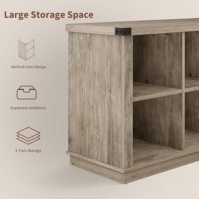 GarveeHome 8 Cube Storage Organizer Bookshelf, Farmhouse Horizontal Bookcase, 62 Inch Wood Storage Bookcase for Entryway, Long Low Bookshelves for Living Room (Grey, 8 Cube)