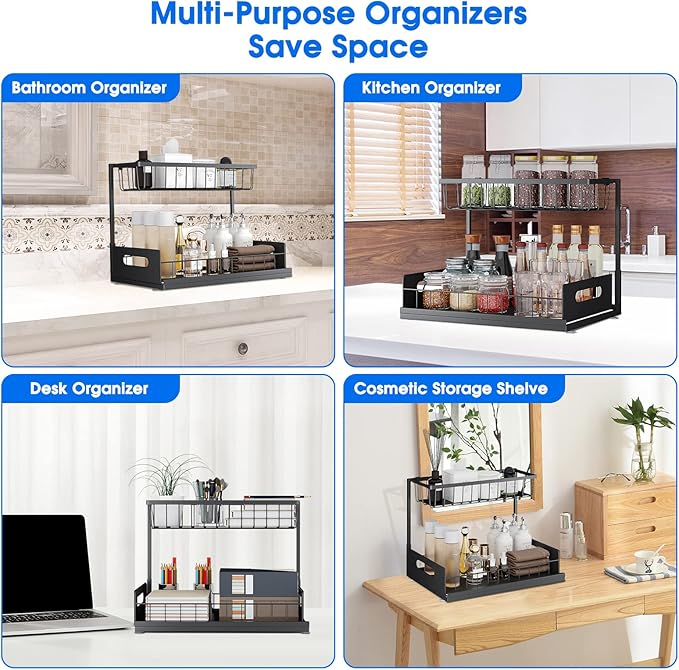 Under Sink Organizer, 2 Tier Under Sink Organizers and Storage Multi-Purpose Under Sink Storage for Bathroom Kitchen (Black)