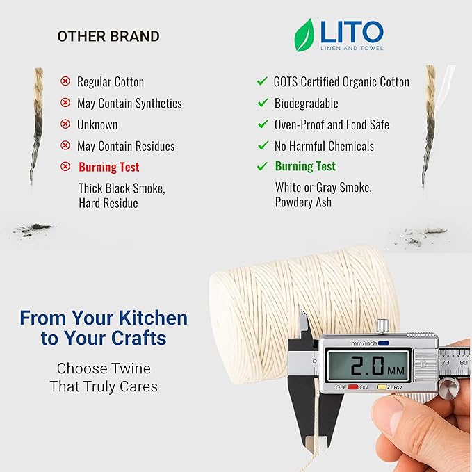 Organic Butcher’s Twine for Cooking & Trussing – 2mm Heavy-Duty Natural Cotton Kitchen Twine 1000 Feet – Food-Safe, Oven-Safe String for Meat, Turkey, Baking, & Crafts