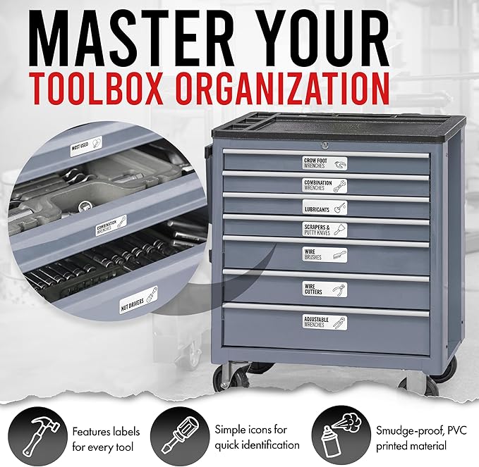 Toolbox Organization Magnetic Labels-80 Large Tool Chest Organizer Labels-Strong Magnets-Fits All Brands of Steel Tool Box Drawers(White 3.125x1.0 in)