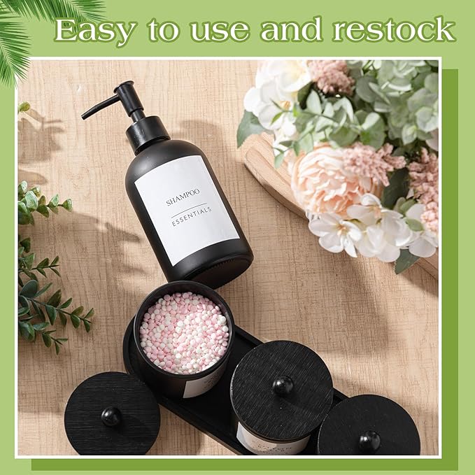 Yaomiao 5 Pack Bathroom Accessories Set, Modern Bathroom Decor Sets, Glass Liquid Soap Dispenser, Vanity Tray, Toothbrush Holder, Cotton Swab Jars with Lids for Sink Countertop(Black,Frosted)