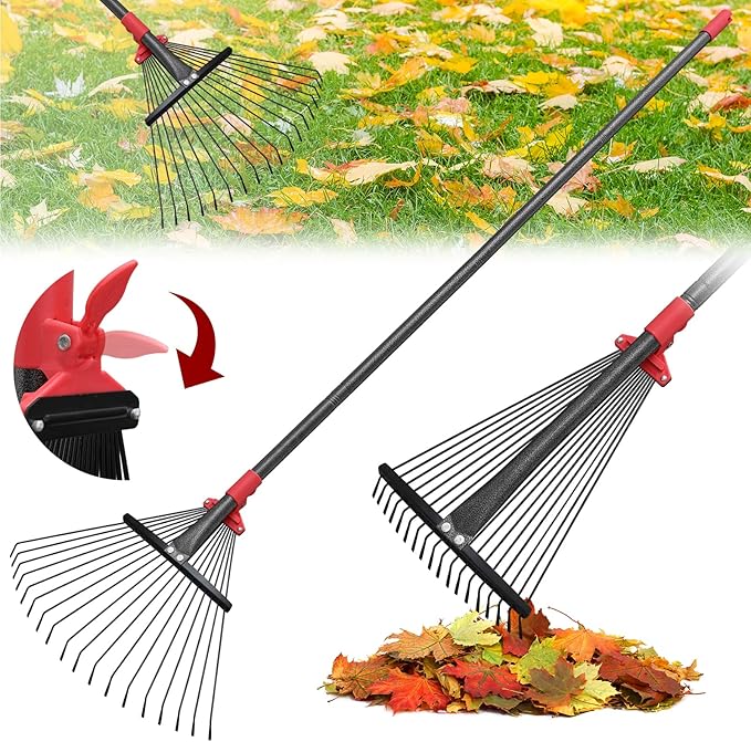 91 Inch Rake for Leaves , Adjustable 18 Tines with Expandable Head 9-18in Grass Rake Heavy Duty Metal Rakes for Women Children Yard Gardener Gardening Grass Debris Lawns