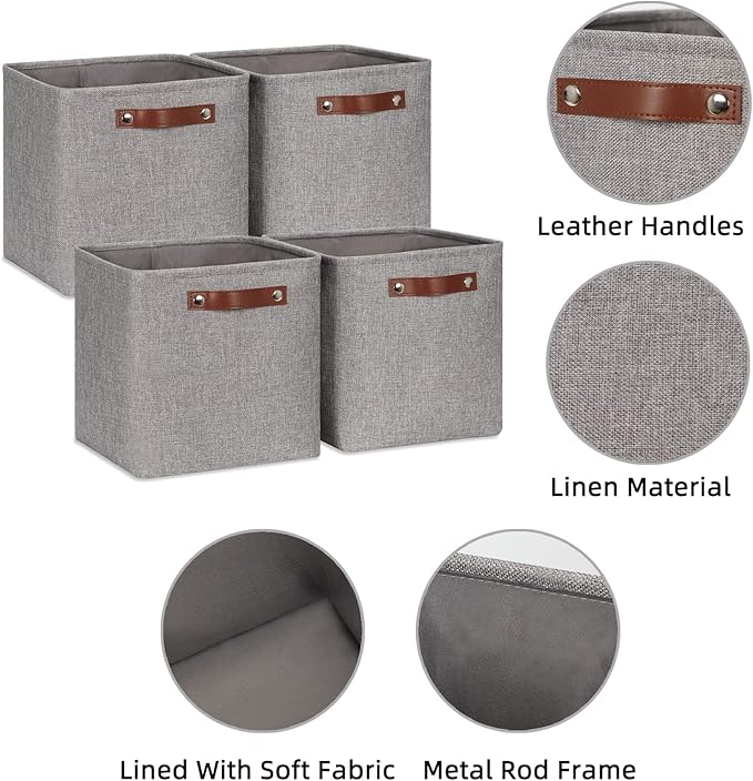 HNZIGE Collapsible Storage Basket,(4Pack) Cube Storage Baskets for Organizing Shelves,Fabric Baskets for Storage,11x11 Storage Basket for Dog Toys,Closet,Book,Clothes Storage with Handles(Grey)
