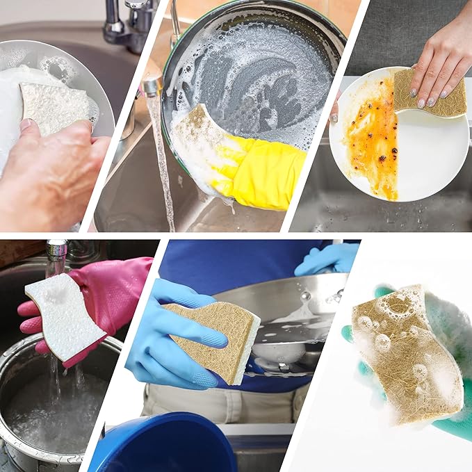 18 Pack Biodegradable Natural Kitchen Sponge - Compostable Cellulose and Coconut Walnut Scrubber Sponge - Eco Friendly Sustainable Sponges for Dishes