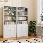 Bookcase with Doors and Adjustable Shelves, 55" Tall Metal 5-Tier Storage Cabinet, Freestanding Bookshelf for Living Room, Home Office, Bedroom, Kitchen Pantry Organizer Rack (White)