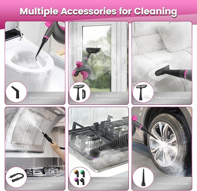 Handheld Steam Cleaner for Home, Pressurized Steamer with 16 Accessories, Chemical-Free & Portable Cleaning, Multipurpose Steamer for Cleaning for Home, Car, Furniture, Floor, Windows, Tile & More