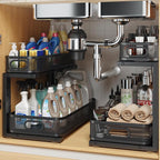 2 Pack 17.3IN-Depth Under Sink Organizer with Smooth Cylindrical Rail,2-Tier Pull Out Multi-Purpose Cabinet Storage for Bathroom&Kitchen,Height Adjustable,Rust-Resistant Coating-Black