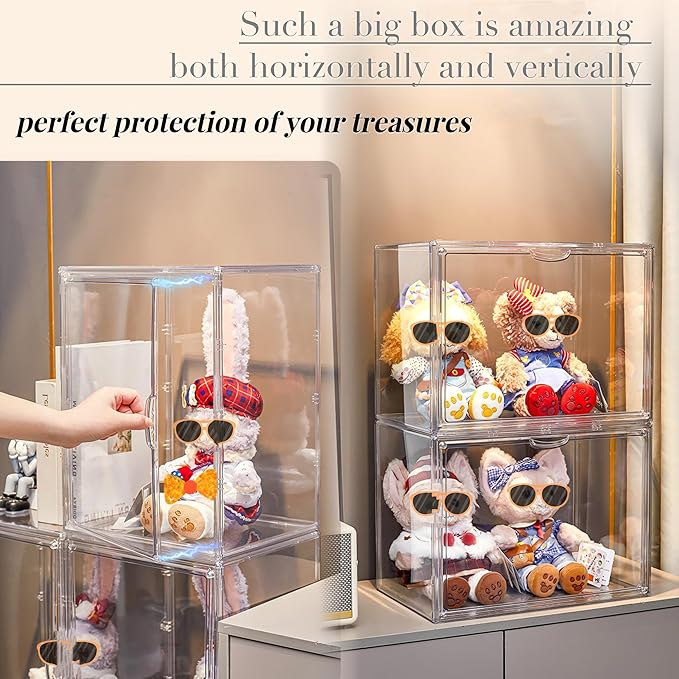 XXX-Large Clear Acrylic Display Case Boot Shoe Storage Boxes With An Adjustable Divider,2 Pack 2 Tiers Clear Plastic Stackable Storage Bins With Lids Big Display Acrylic Box With Magnetic Door
