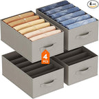 Lifewit 4 Pack Clothes Organizer, 6 Grids Closet Jean Storage Bins with Handles and Support Boards, Foldable Drawer Organizer for Sweater, Pants, T-shirt, Dress, Grey, Size 16.5''x10.6''x7.1''