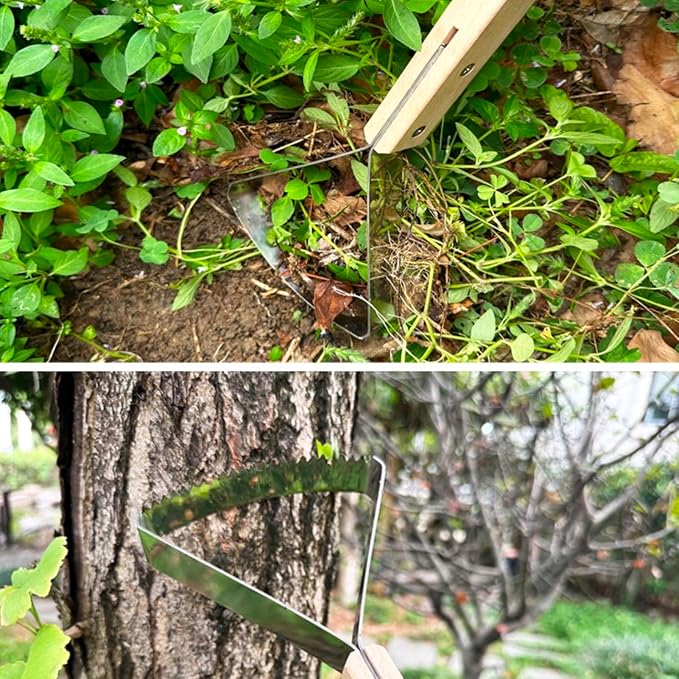 2-in-1 Weed Puller Tool,Garden Weed Scraper Tool, Weeding Rake, Metal Weeder & Soil Leveler with Ergonomic Wood Handle Weed Rake